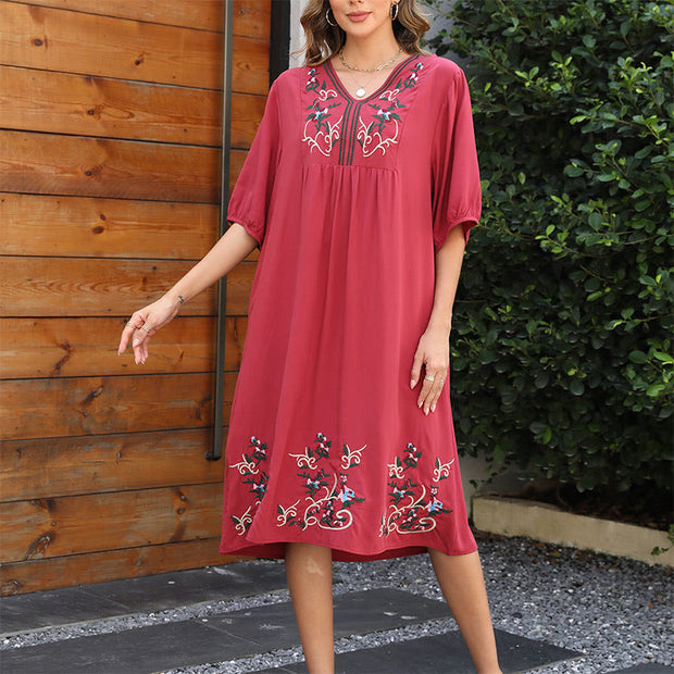 Buddha Stones Indianred Retro Ethnic Embroidery Long Lantern Sleeve Cotton Midi Dress, Indianred / US12,UK/AU16,EU44 (3XL) Buddha Stones Indianred Retro Ethnic Embroidery Long Lantern Sleeve Cotton Midi Dress, Indianred / US12,UK/AU16,EU44 (3XL)