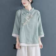 Buddha Stones Flower Embroidery Three Quarter Sleeve Frog-Button Mandarin Collar Cotton Linen Women's Shirt
