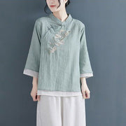 Buddha Stones Flower Embroidery Three Quarter Sleeve Frog-Button Mandarin Collar Cotton Linen Women's Shirt