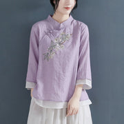 Buddha Stones Flower Embroidery Three Quarter Sleeve Frog-Button Mandarin Collar Cotton Linen Women's Shirt