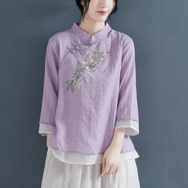 Buddha Stones Flower Embroidery Three Quarter Sleeve Frog-Button Mandarin Collar Cotton Linen Women's Shirt