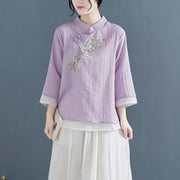 Buddha Stones Flower Embroidery Three Quarter Sleeve Frog-Button Mandarin Collar Cotton Linen Women's Shirt