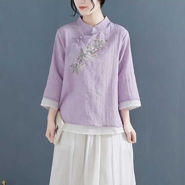 Buddha Stones Flower Embroidery Three Quarter Sleeve Frog-Button Mandarin Collar Cotton Linen Women's Shirt