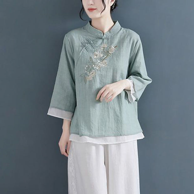 Buddha Stones Flower Embroidery Three Quarter Sleeve Frog-Button Mandarin Collar Cotton Linen Women's Shirt