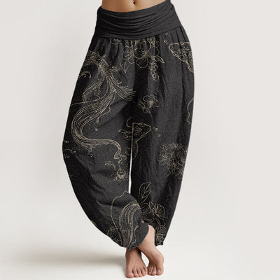 Buddha Stones Koi Fish Floral Pattern Women's Elastic Waist Harem Pants - Black - US22，UK/AU26，EU54 (6XL) - image 1