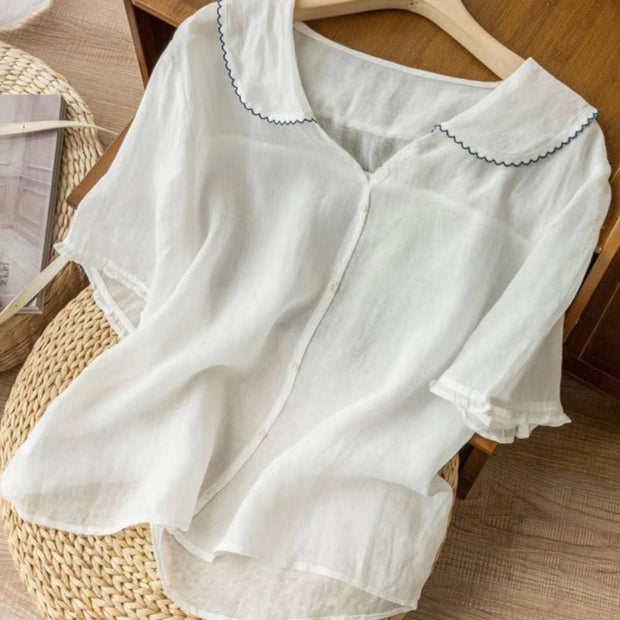 Buddha Stones Casual Plain Button Half Sleeve Middy Collar Cotton Women's Shirt