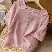 Buddha Stones Casual Plain Button Half Sleeve Middy Collar Cotton Women's Shirt