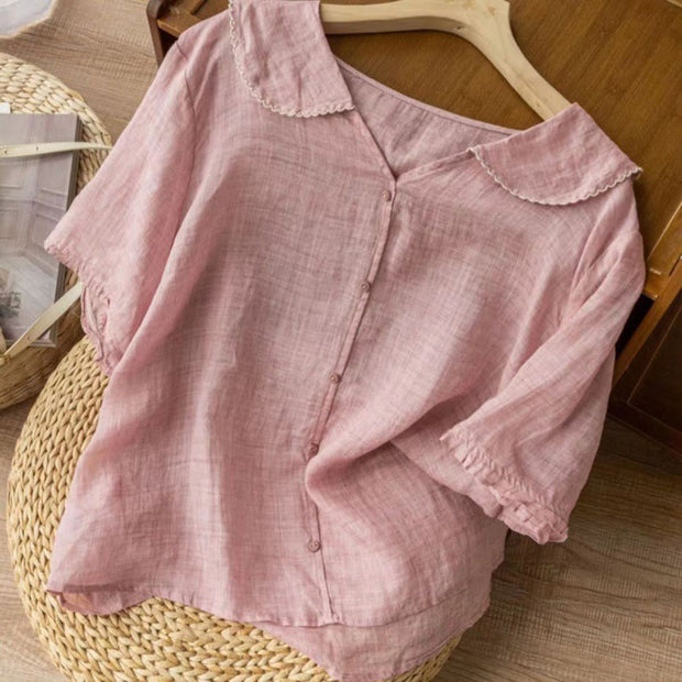 Buddha Stones Casual Plain Button Half Sleeve Middy Collar Cotton Women's Shirt