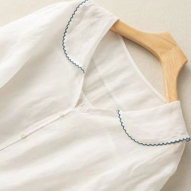 Buddha Stones Casual Plain Button Half Sleeve Middy Collar Cotton Women's Shirt