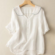 Buddha Stones Casual Plain Button Half Sleeve Middy Collar Cotton Women's Shirt - White - US12，UK/AU16，EU44 (2XL) - image 19