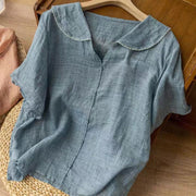 Buddha Stones Casual Plain Button Half Sleeve Middy Collar Cotton Women's Shirt