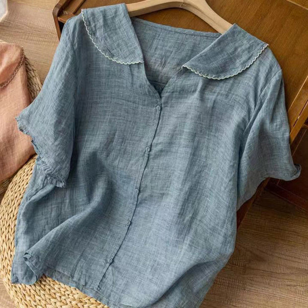 Buddha Stones Casual Plain Button Half Sleeve Middy Collar Cotton Women's Shirt