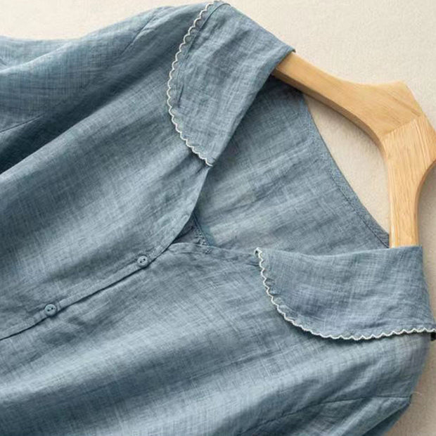 Buddha Stones Casual Plain Button Half Sleeve Middy Collar Cotton Women's Shirt