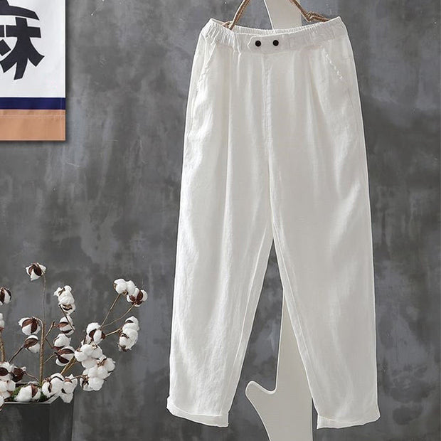 Buddha Stones Casual Button Cotton Linen Women's Harem Pants With Pockets