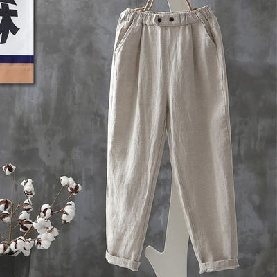 Buddha Stones Casual Button Cotton Linen Women's Harem Pants With Pockets