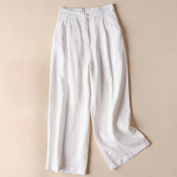 Buddha Stones Commute Solid Color Drawstring 7-8 Length Cotton Linen Women's Wide Leg Pants With Pockets