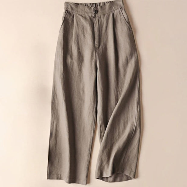 Buddha Stones Commute Solid Color Drawstring 7-8 Length Cotton Linen Women's Wide Leg Pants With Pockets