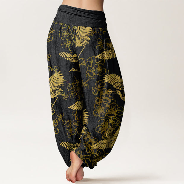 Buddha Stones Crane Flower Pattern Women's Elastic Waist Harem Pants - image 2