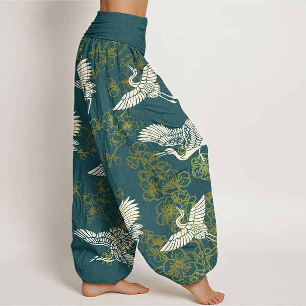 Buddha Stones Crane Flower Pattern Women's Elastic Waist Harem Pants - image 7