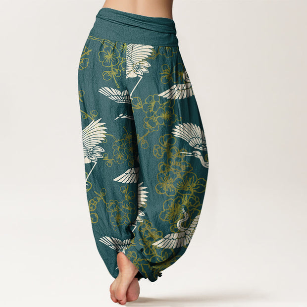 Buddha Stones Crane Flower Pattern Women's Elastic Waist Harem Pants - image 6