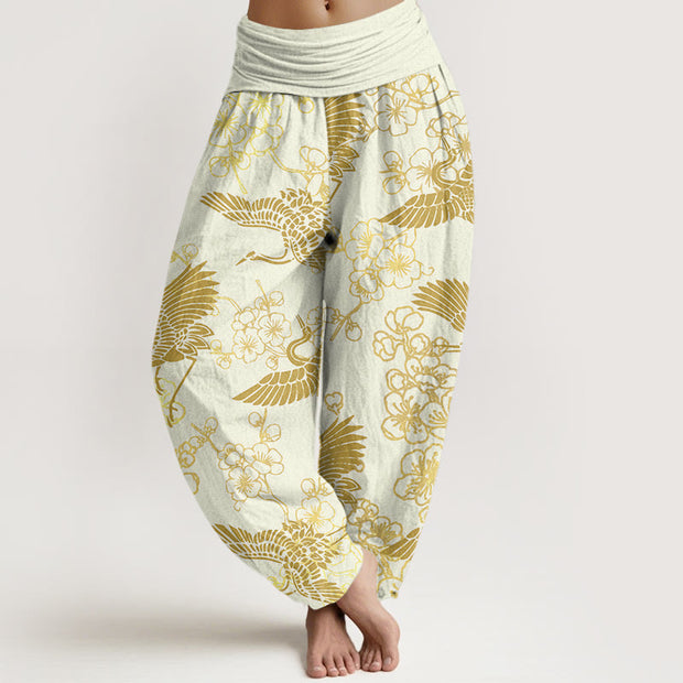 Buddha Stones Crane Flower Pattern Women's Elastic Waist Harem Pants - LightYellow - US22，UK/AU26，EU54 (6XL) - image 8