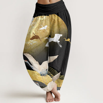 Buddha Stones Crane Sun Wave Pattern Women's Elastic Waist Harem Pants - Black - US22，UK/AU26，EU54 (6XL) - image 1