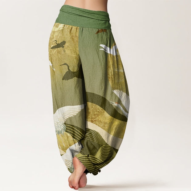 Buddha Stones Crane Sun Wave Pattern Women's Elastic Waist Harem Pants - image 6