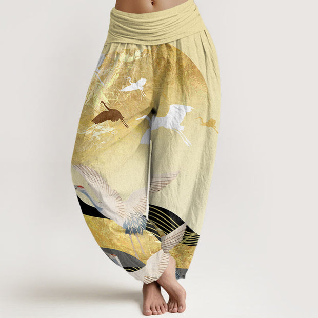 Buddha Stones Crane Sun Wave Pattern Women's Elastic Waist Harem Pants - LemonChiffon - US22，UK/AU26，EU54 (6XL) - image 8