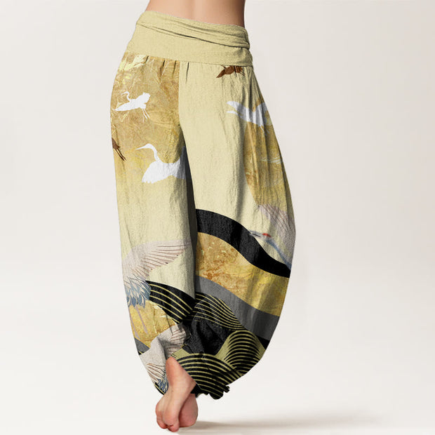 Buddha Stones Crane Sun Wave Pattern Women's Elastic Waist Harem Pants - image 9