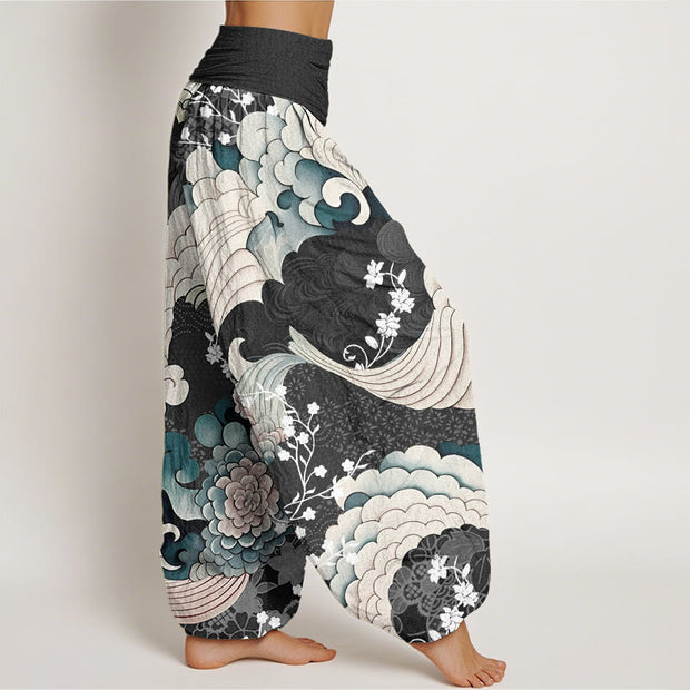 Buddha Stones Flower Wave Pattern Women's Elastic Waist Harem Pants - image 7