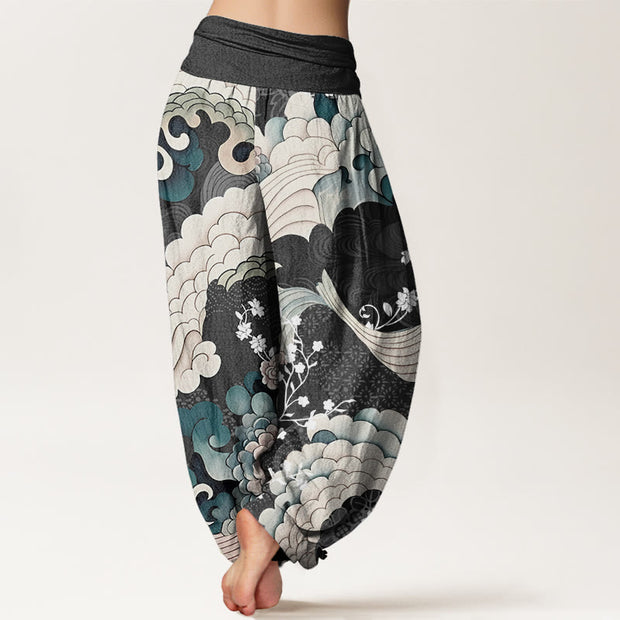 Buddha Stones Flower Wave Pattern Women's Elastic Waist Harem Pants - image 6