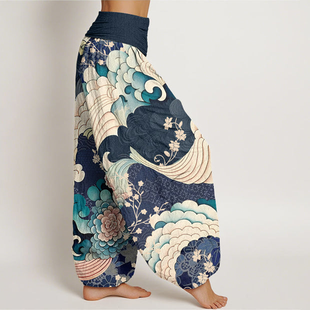 Buddha Stones Flower Wave Pattern Women's Elastic Waist Harem Pants - image 10