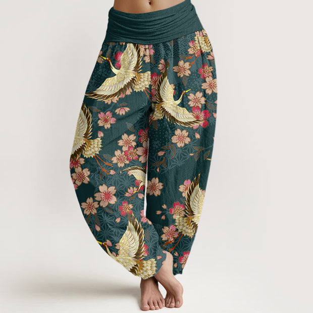 Buddha Stones Crane Peach Blossom Pattern Women's Elastic Waist Harem Pants - DarkGreen - US22，UK/AU26，EU54 (6XL) - image 1