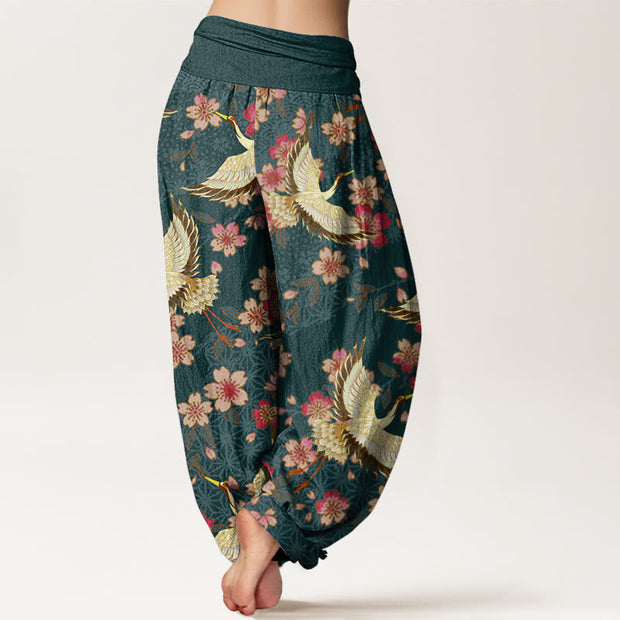 Buddha Stones Crane Peach Blossom Pattern Women's Elastic Waist Harem Pants - image 2