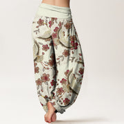 Buddha Stones Crane Peach Blossom Pattern Women's Elastic Waist Harem Pants - image 6