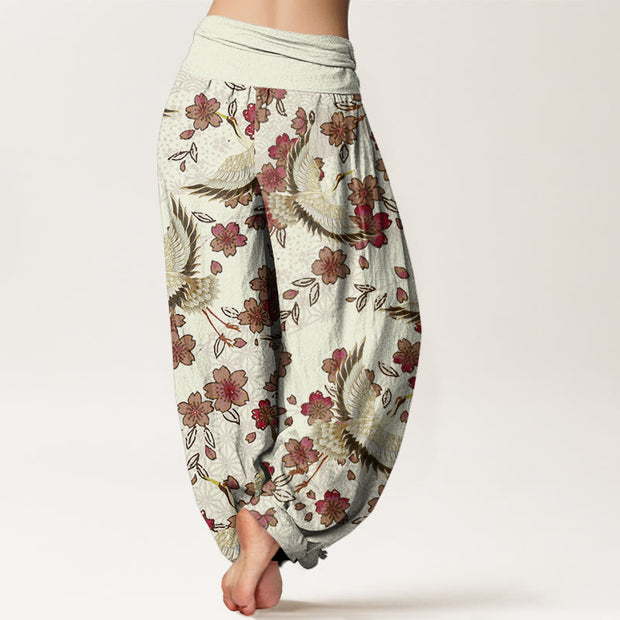 Buddha Stones Crane Peach Blossom Pattern Women's Elastic Waist Harem Pants - image 6