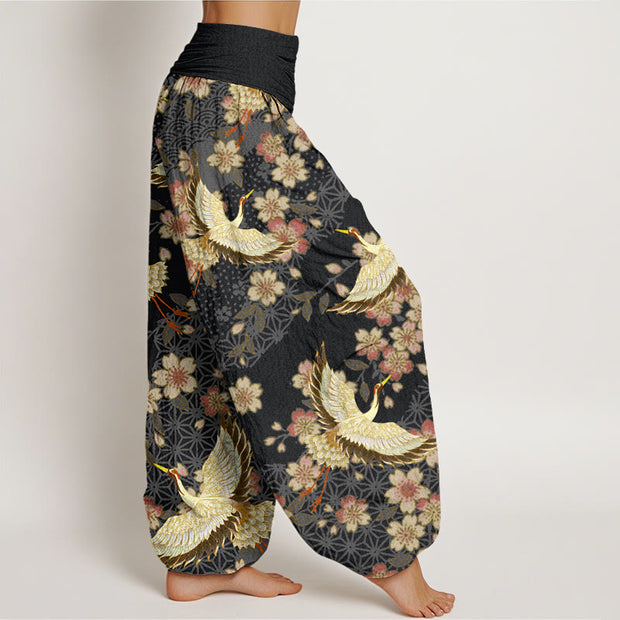 Buddha Stones Crane Peach Blossom Pattern Women's Elastic Waist Harem Pants - image 10