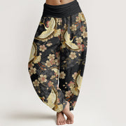 Buddha Stones Crane Peach Blossom Pattern Women's Elastic Waist Harem Pants - Black - US22，UK/AU26，EU54 (6XL) - image 8