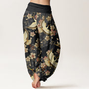 Buddha Stones Crane Peach Blossom Pattern Women's Elastic Waist Harem Pants - image 9