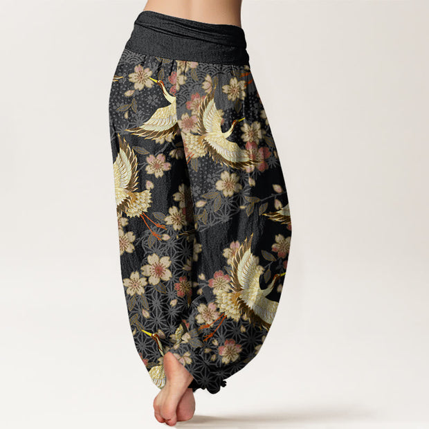 Buddha Stones Crane Peach Blossom Pattern Women's Elastic Waist Harem Pants - image 9