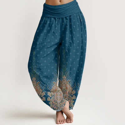 Buddha Stones Ethnic Peacock Floral Pattern Women's Elastic Waist Harem Pants - Teal - US22，UK/AU26，EU54 (6XL) - image 1