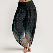 Buddha Stones Ethnic Peacock Floral Pattern Women's Elastic Waist Harem Pants - Black - US22，UK/AU26，EU54 (6XL) - image 8