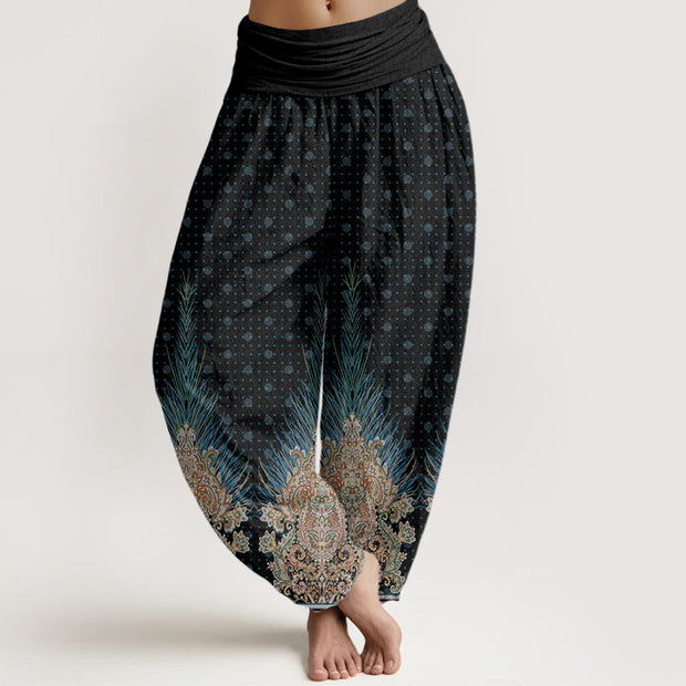 Buddha Stones Ethnic Peacock Floral Pattern Women's Elastic Waist Harem Pants - Black - US22，UK/AU26，EU54 (6XL) - image 8