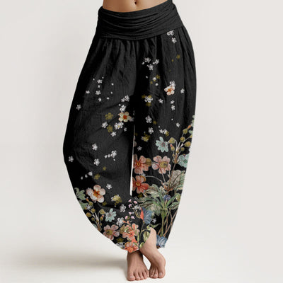 Buddha Stones Various Flowers Pattern Women's Elastic Waist Harem Pants - Black - US22，UK/AU26，EU54 (6XL) - image 1