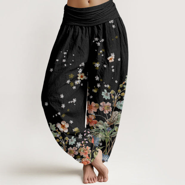 Buddha Stones Various Flowers Pattern Women's Elastic Waist Harem Pants - Black - US22，UK/AU26，EU54 (6XL) - image 1