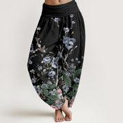 Buddha Stones Cornflower Cosmo Rose Pattern Women's Elastic Waist Harem Pants - Black - US22，UK/AU26，EU54 (6XL) - image 1