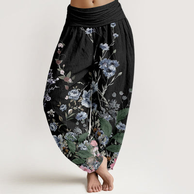 Buddha Stones Cornflower Cosmo Rose Pattern Women's Elastic Waist Harem Pants - Black - US22，UK/AU26，EU54 (6XL) - image 1