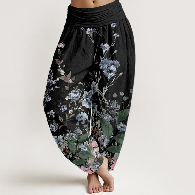 Buddha Stones Cornflower Cosmo Rose Pattern Women's Elastic Waist Harem Pants - Black - US22，UK/AU26，EU54 (6XL) - image 1