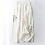 Buddha Stones Spring Ethnic Embroidery Cotton Linen Women's Wide Leg Pants With Pockets