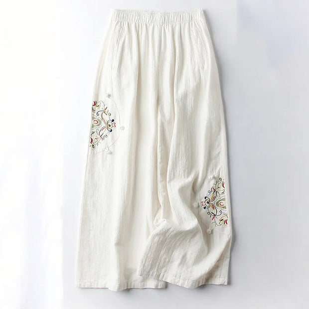 Buddha Stones Spring Ethnic Embroidery Cotton Linen Women's Wide Leg Pants With Pockets